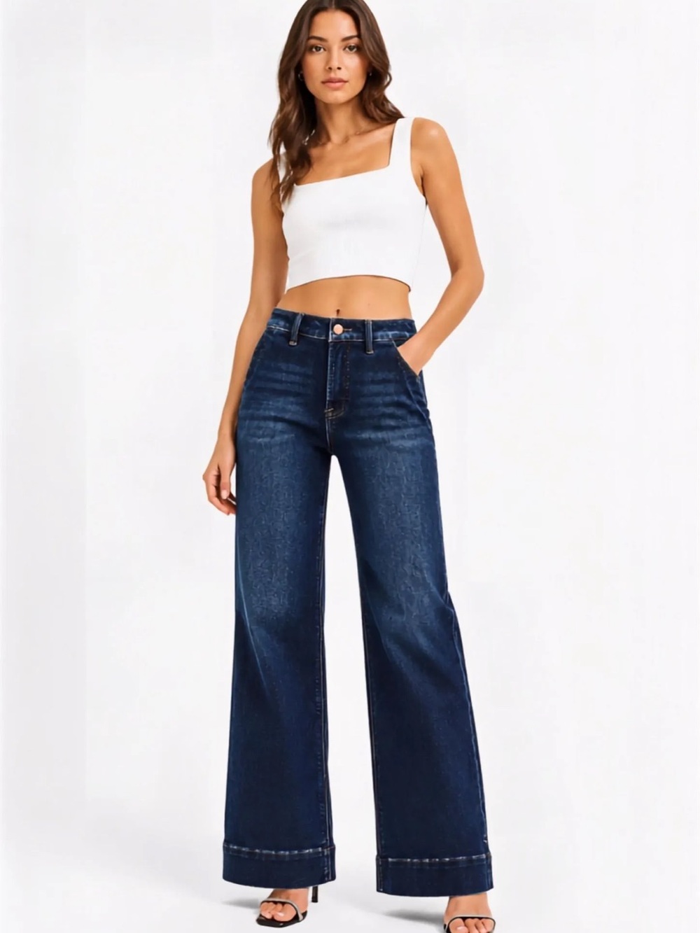 Risen Dark Blue Denim Jeans. Lots of stretch and wide leg. Inseam 31.5” NWT